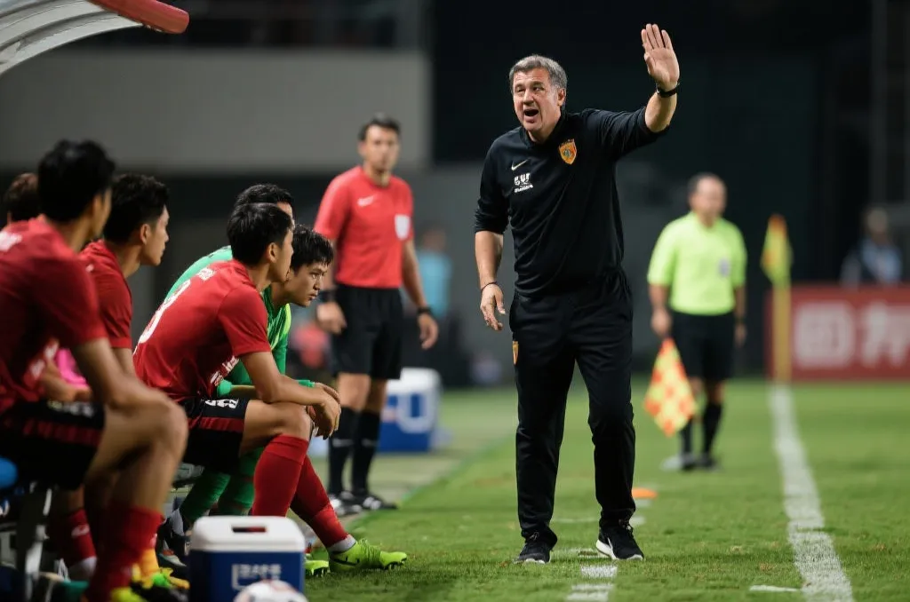 教练在场边进行临场布置，观察换人信号